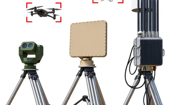 Système anti-drone multi-capteurs EOS AGT : radar, caméra et brouilleur sur trépieds